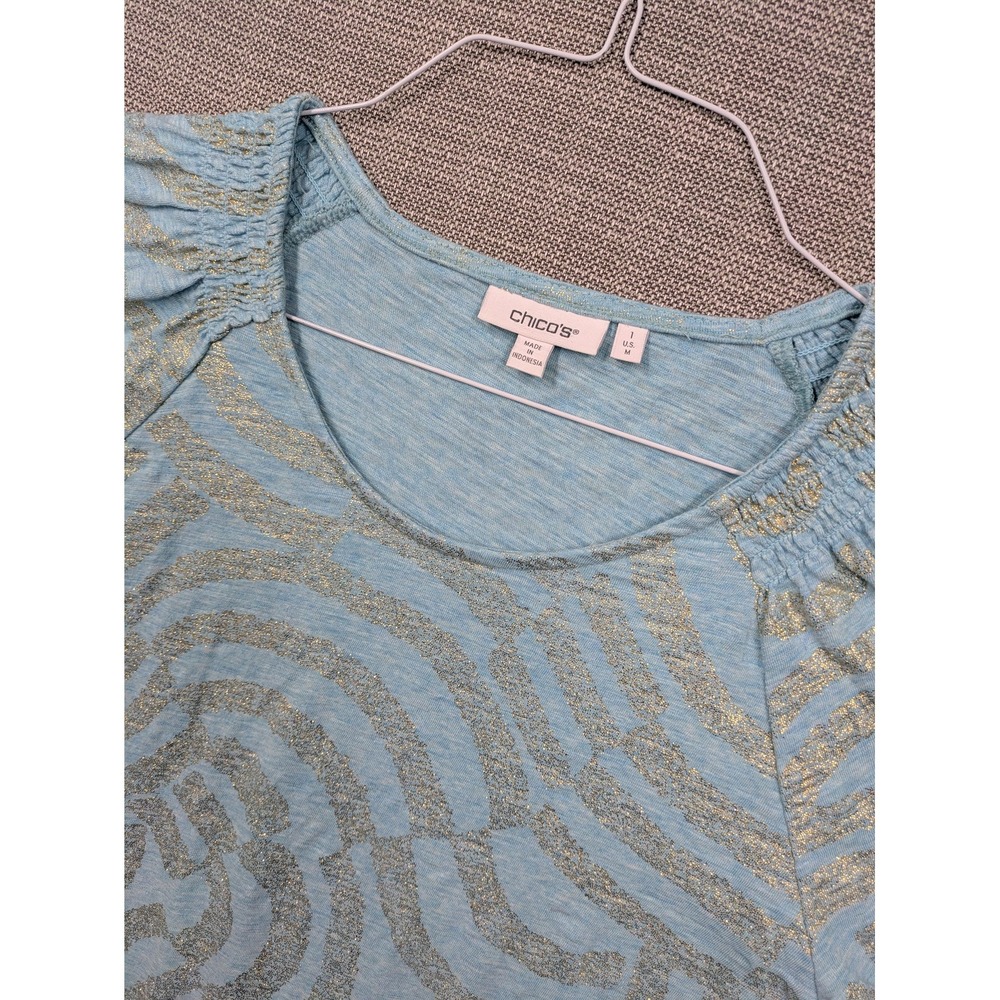 Chicos Shirt Womens 1 Blue Glitter Geometric Scoop Neck Short Sleeve Top